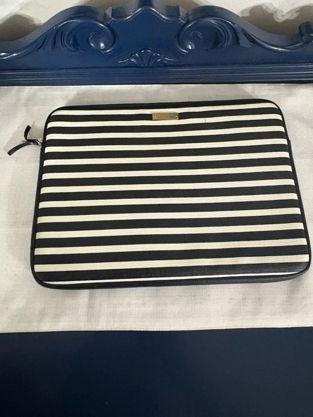 kate spade Black and White Striped laptop Pouch with Gold Plate